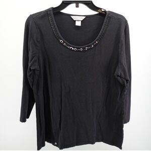Christopher & Banks Womens Black Beaded Scoop Neck 3/4 Sleeve Top Medium